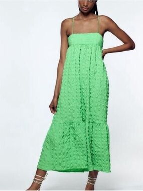 Zara Green Textured Maxi Dress - Lightweight Spaghetti Strap